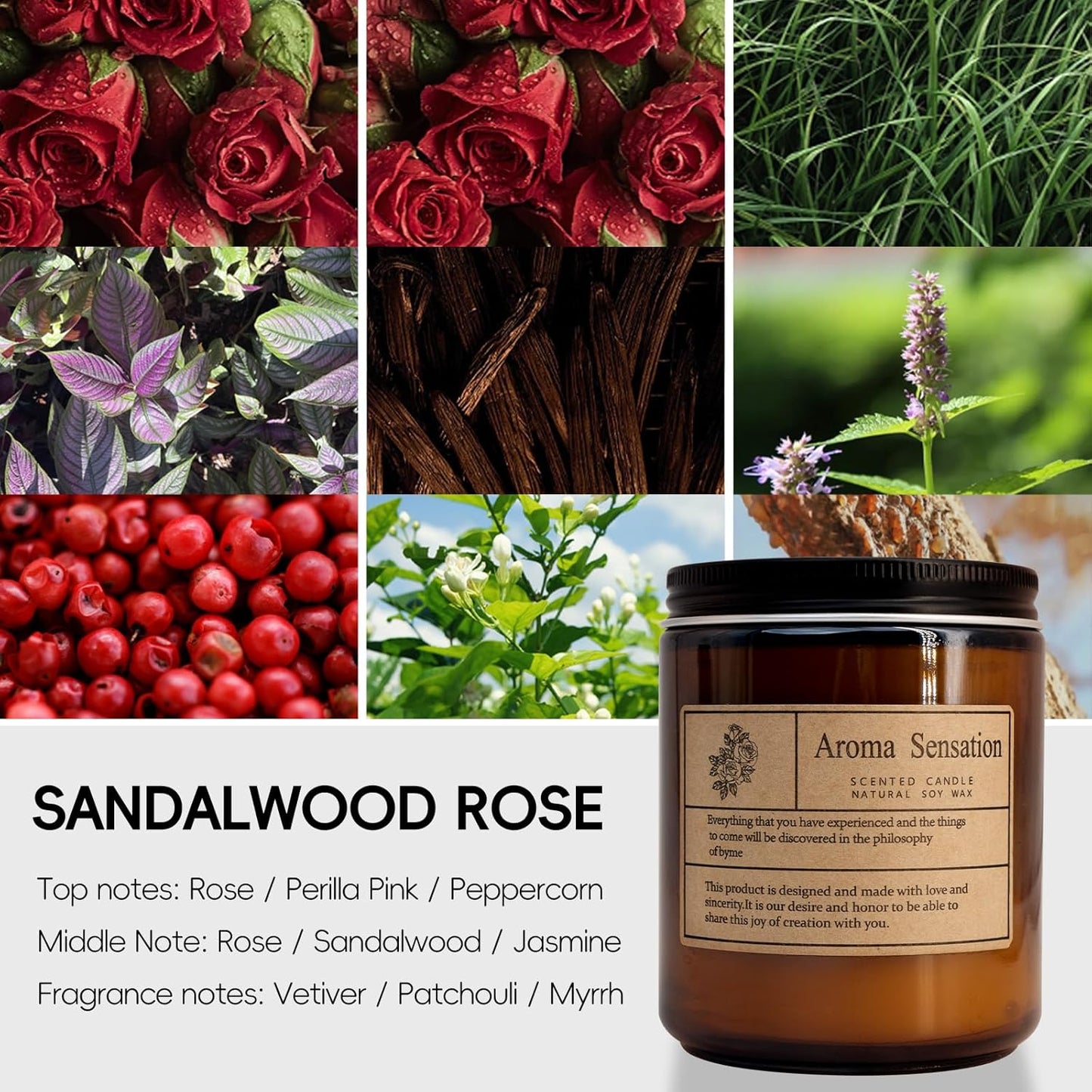 Organic Sandalwood Rose Candles - Non Toxic Soy Candles for Home, Stress Relief & Meditation (7oz)