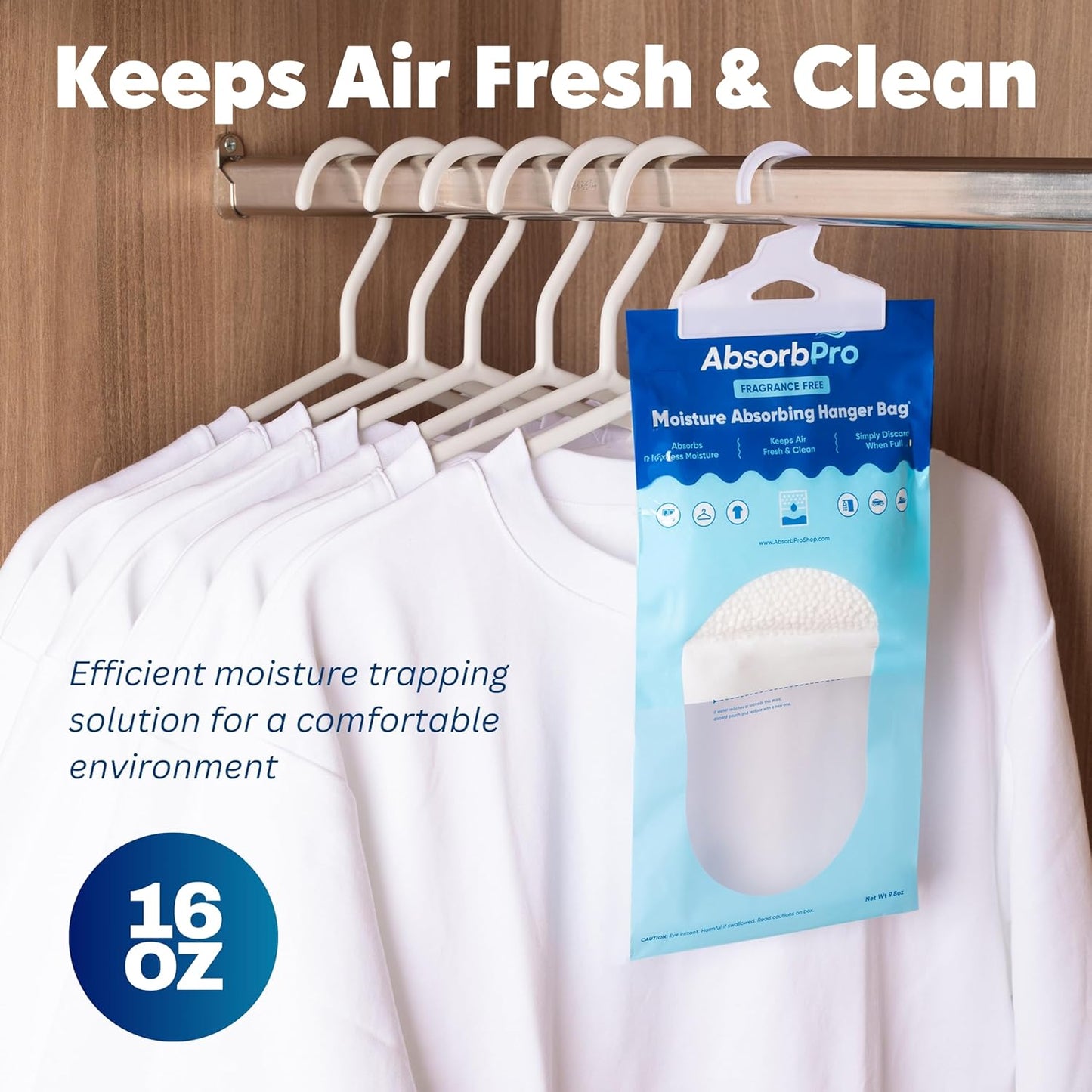 Absorb Pro - Moisture Absorbing Hanger Bag Fragrance Free - 3-Pack - 16 oz Hanging Dehumidifying Packs for Home, Kitchen, Bedroom, Bathroom, Closet, Small Rooms, Cars