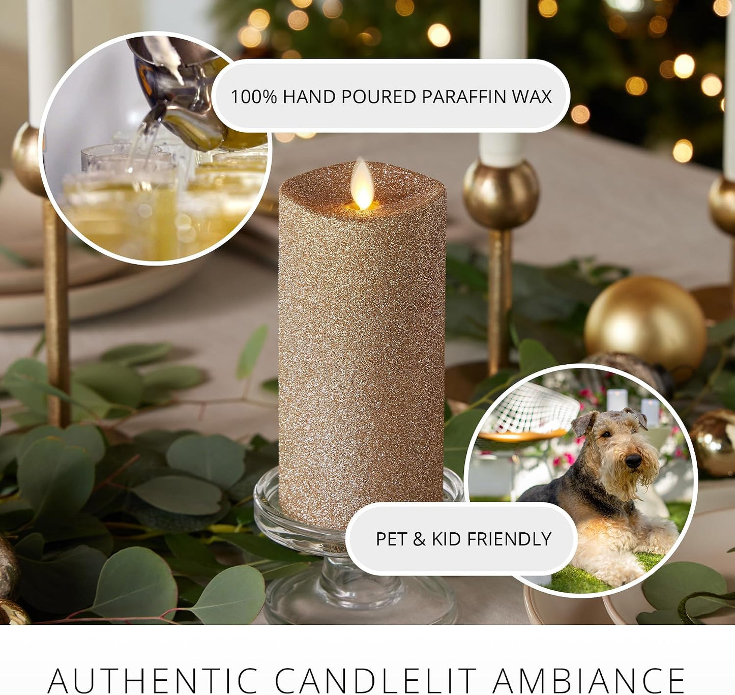 Luminara Realistic Artificial Flame Gold Glitter Pillar Candle - Moving Flame LED Battery Operated Lights - Unscented - Remote Ready - Remote Sold Separately - 3" x 6.5"