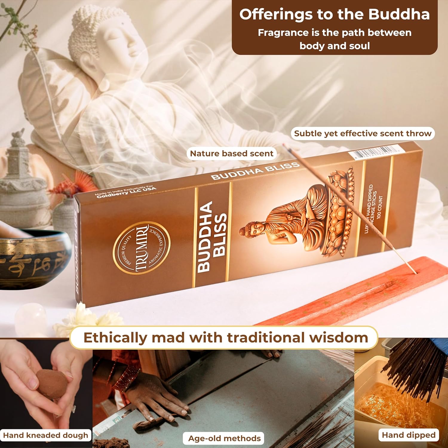 Buddha Bliss Incense Sticks - Pack of 100 Inscents-Sticks - Made with Natural Non Toxic Raw Ingredients - Meditation Insence Indian Spiritual Agarbatti Inciensos Aromaticos
