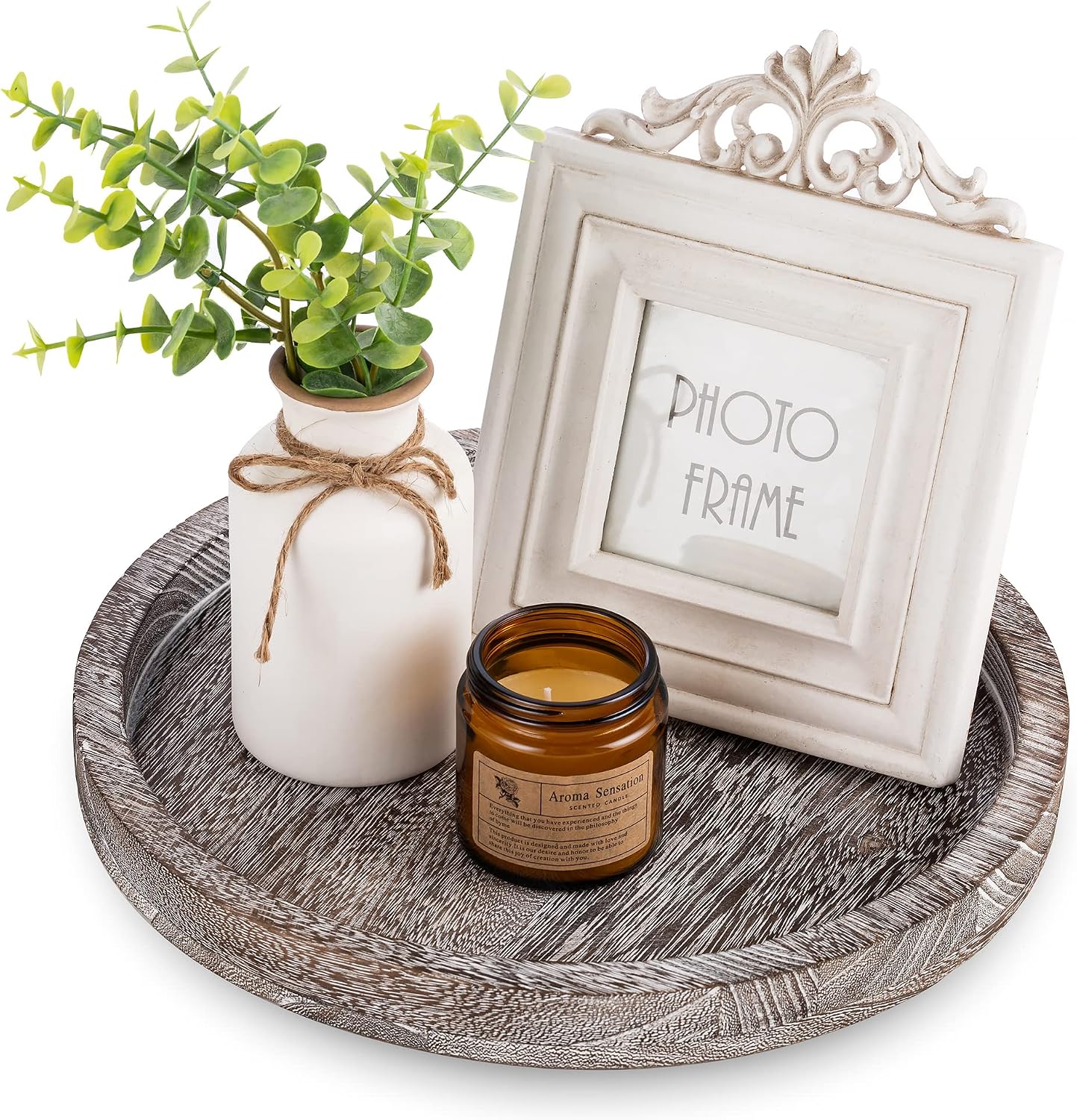 Hanobe Wood Candle Holders Trays: Round Candlestick Holder Pillar Stand for Table Centerpiece - Farmhouse Coffee Table Decor for Living Room Kitchen Counter, Rustic White