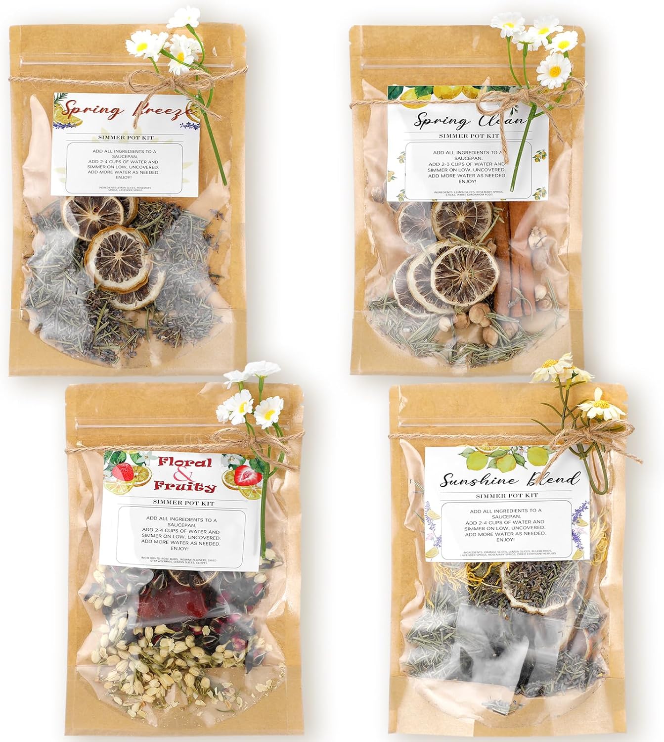 Siifert 4 Set Potpourri Bags Stovetop Simmer Pot Simmering Mix Potpourri Instruction and Sticker Floral Fruity Cinnamon Natural Air Freshener Sachet for Holiday Relaxing Housewarming Hostess Gift