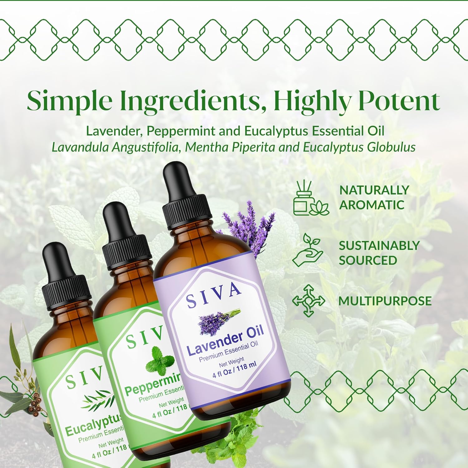 Siva Lavender Essential Oil, Peppermint Essential Oil and Eucalyptus Essential Oil 4oz Bundle Super Saver Combo – Premium Grade Value Set for Aromatherapy, Scalp Massage, Hair Care, Skin & Body