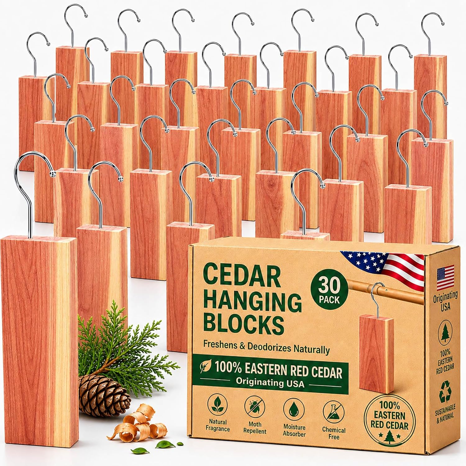 30 Pack Hanging Cedar Blocks for Clothes Storage, 100% Natural Eastern Red Cedar Planks with Metal Hooks, Sandable Cedar Closet Fresheners for Wardrobe, Drawers, Garment Bags & Storage Bins