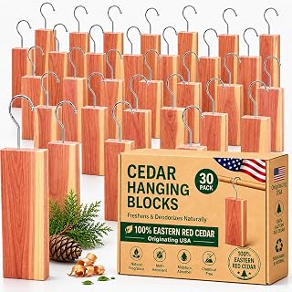 30 Pack Hanging Cedar Blocks for Clothes Storage, 100% Natural Eastern Red Cedar Planks with Metal Hooks, Sandable Cedar Closet Fresheners for Wardrobe, Drawers, Garment Bags & Storage Bins