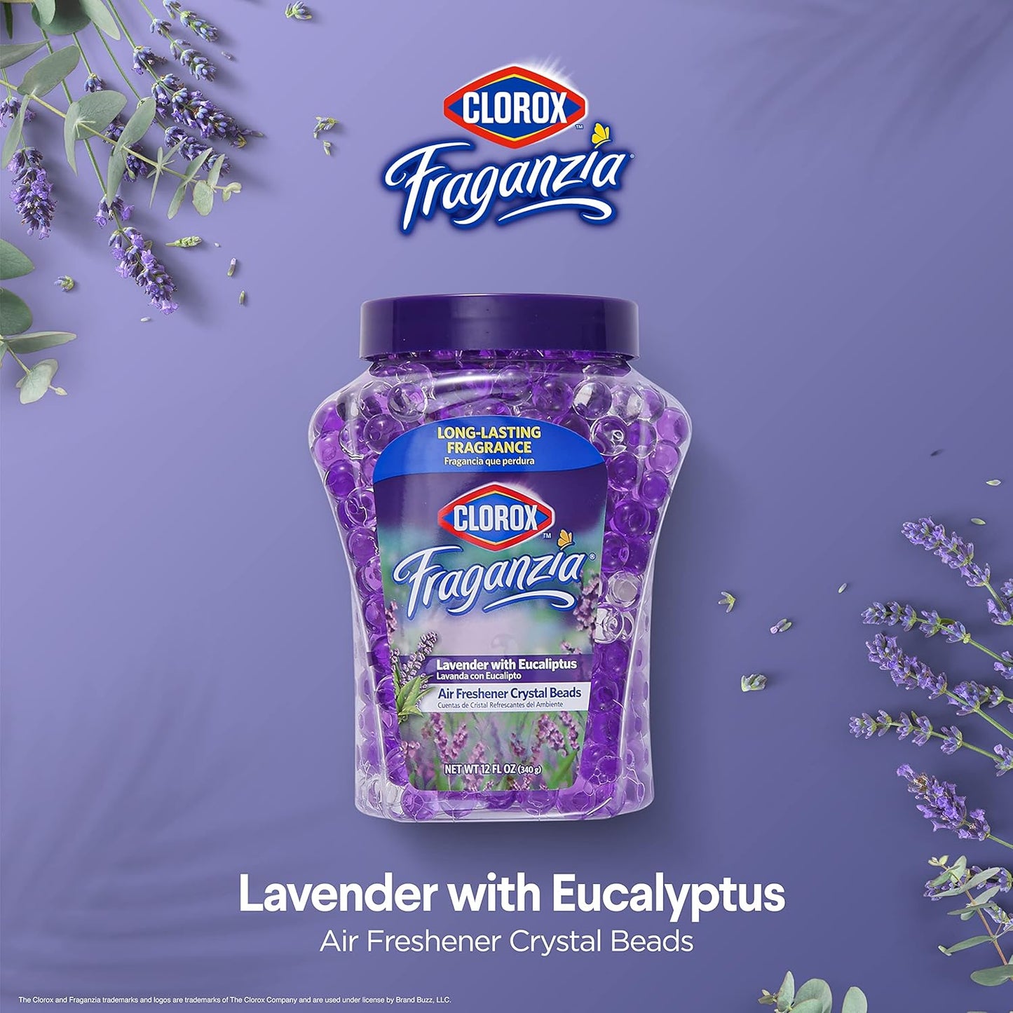 Clorox Fraganzia Crystal Beads Air Freshener, Long Lasting Room Deodorizer and Odor Eliminator Gel Beads to Freshen Home, Car, or Office, Lavender with Eucalyptus Scent, 12 Fl Oz