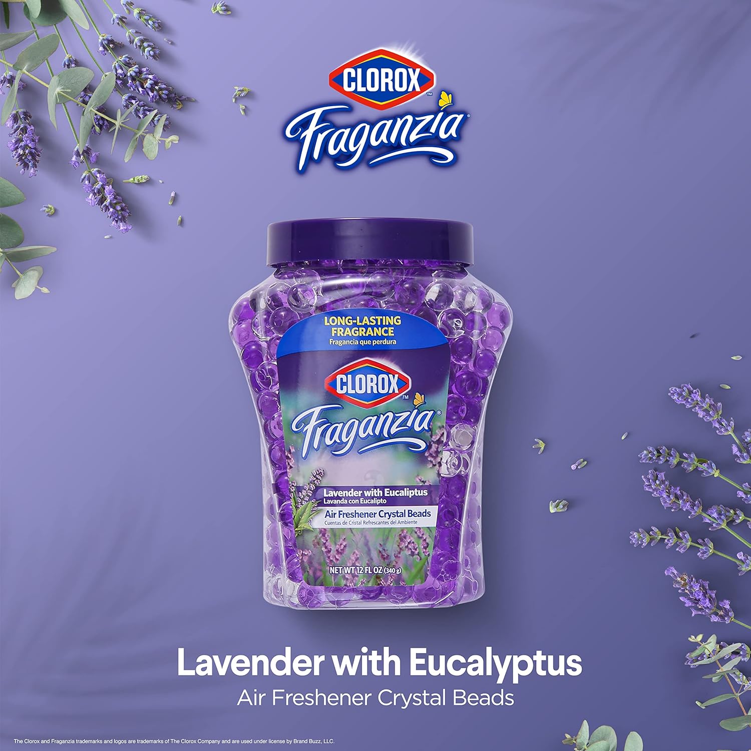 Clorox Fraganzia Crystal Beads Air Freshener, Long Lasting Room Deodorizer and Odor Eliminator Gel Beads to Freshen Home, Car, or Office, Lavender with Eucalyptus Scent, 12 Fl Oz