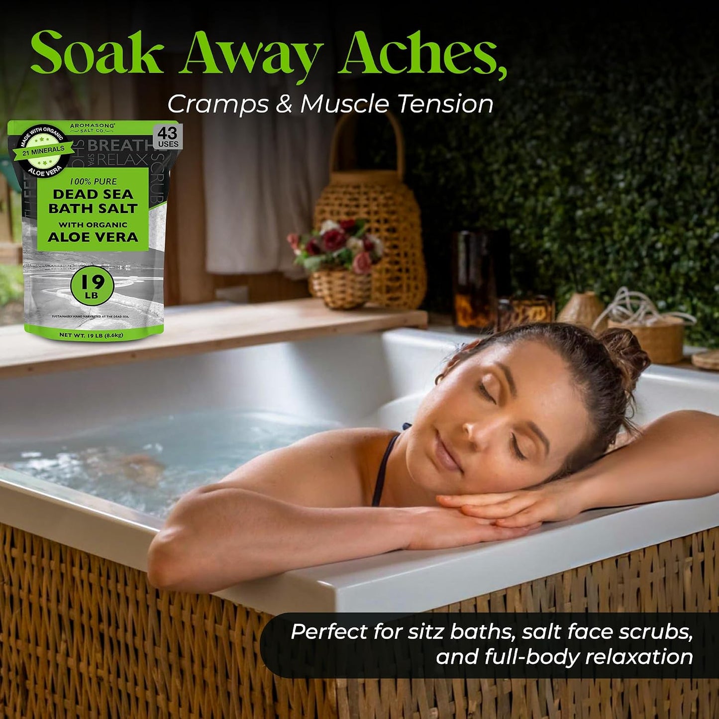 Aromasong Dead Sea Salt with Organic Aloe Vera, Spa Bath Salts, 19 Lbs Fine Bulk resealable Pack, 100% Pure & Natural, Soak for Women & Men for Tired Muscles & Skin Issues (Packaging May Vary)