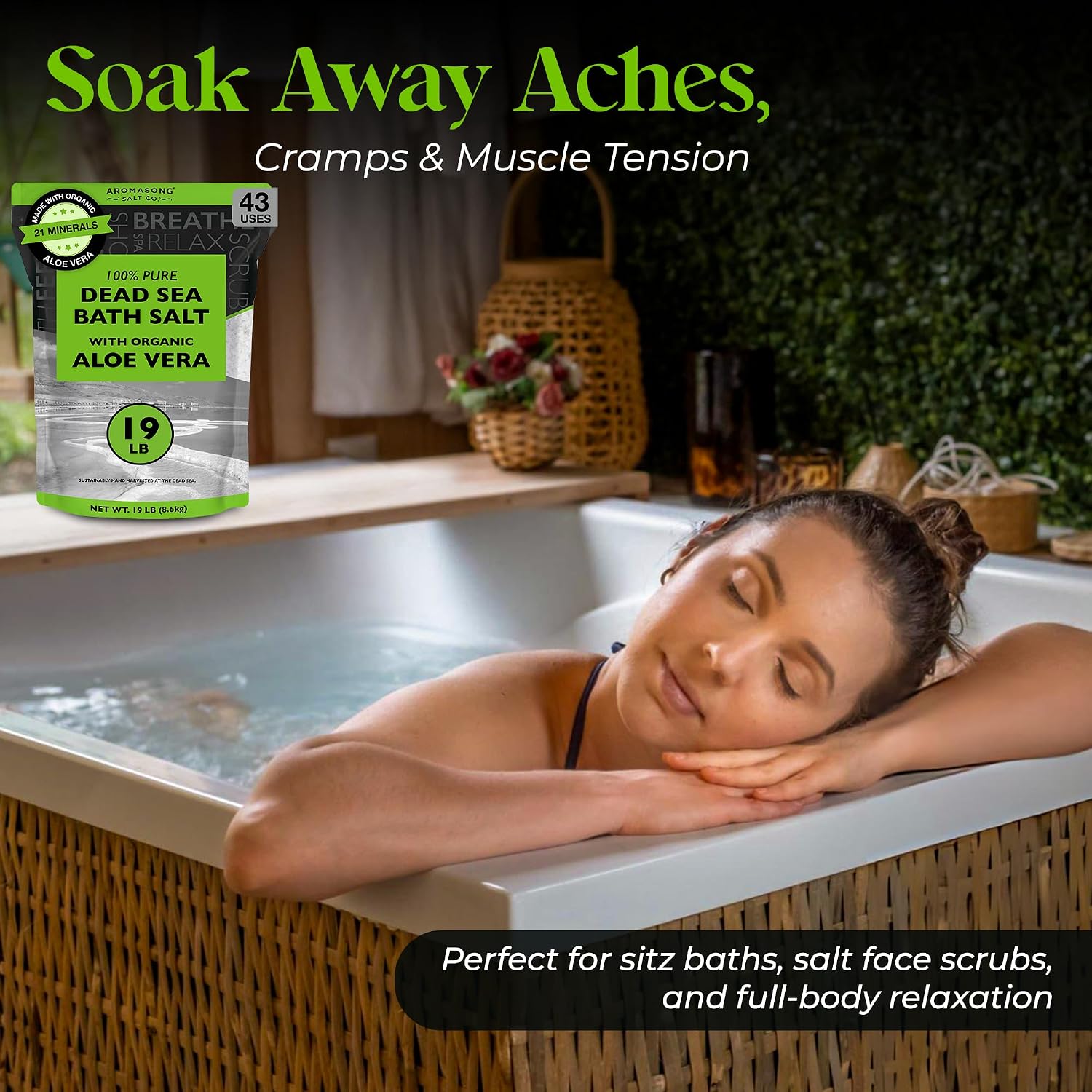 Aromasong Dead Sea Salt with Organic Aloe Vera, Spa Bath Salts, 19 Lbs Fine Bulk resealable Pack, 100% Pure & Natural, Soak for Women & Men for Tired Muscles & Skin Issues (Packaging May Vary)