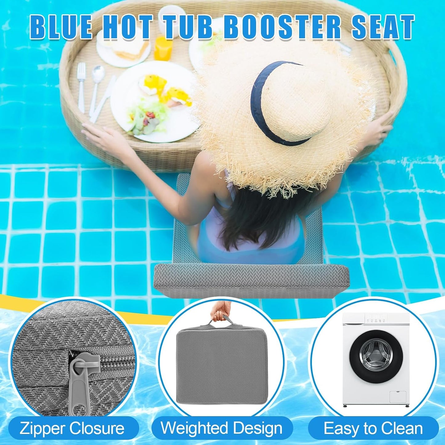 4 Pcs Foldable Hot Tub Booster Seat with Back Thick Hot Tub Pillow Adjustable 2 Heights Bath Seat Weighted Bathtub Booster Cushion Washable Spa Cushion for Indoor or Outdoor (Gray)
