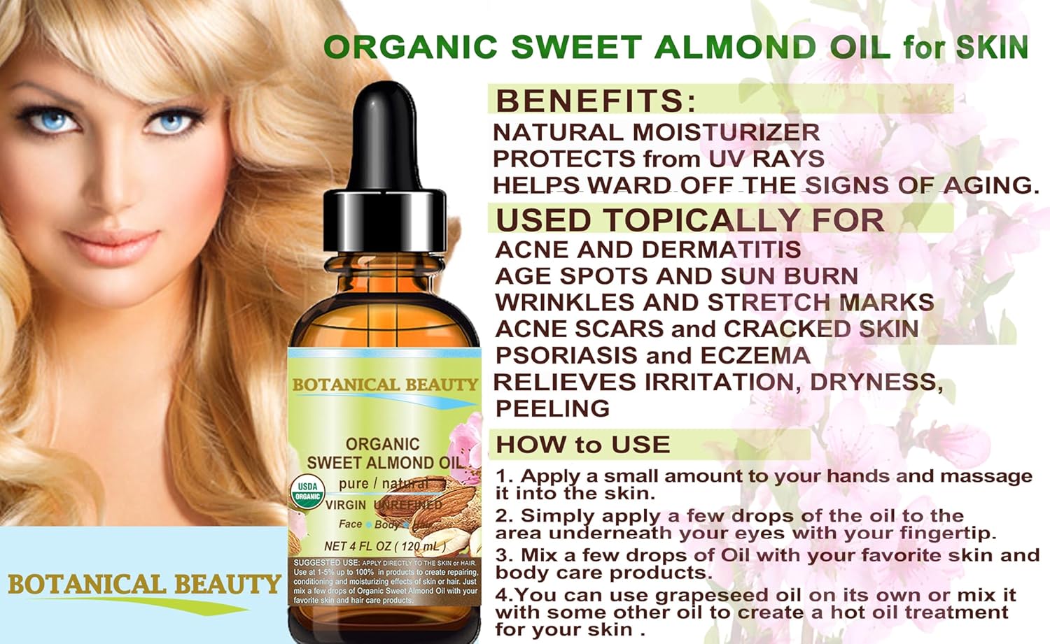 Botanical Beauty‎ Organic SWEET ALMOND OIL 100% Pure Natural Virgin Unrefined Undiluted Cold Pressed Carrier Oil for Face, Skin, Body, Hair, Massage, Nails. 2 Fl. oz - 60 ml