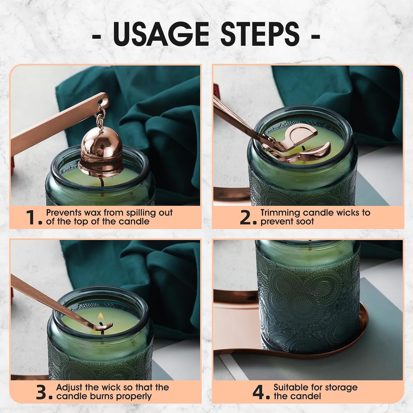 PATOISE 4 in 1 Candle Accessory Set, Candle Wick Trimmer Cutter Mini, Candle Snuffer, Candle Wick Dipper, Tray Holder in Gift Package for Candle Aromatherapy Lovers(4PCS Rose Gold)