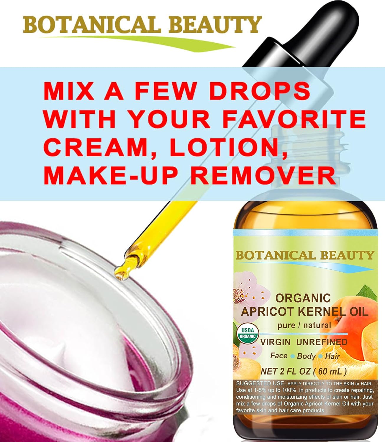 Botanical Beauty ORGANIC APRICOT KERNEL OIL Australian. 100% Pure Virgin Unrefined Cold Pressed Carrier Oil 1 oz- 30 ml. For Face, Hair, Body, Nails, Skin, Anti - aging
