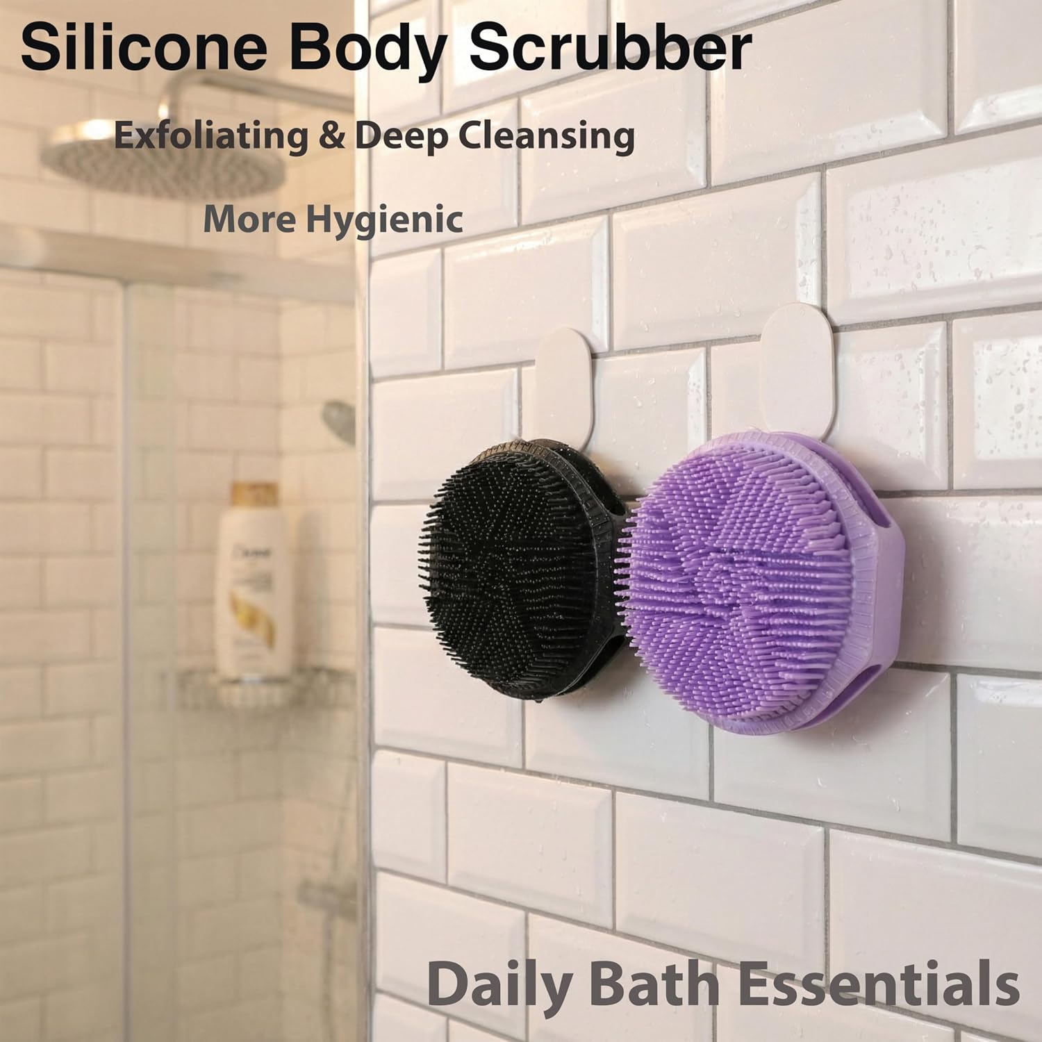 MtBoi 2 Pack Silicone Exfoliating Body Scrubber, Soft Silicone Loofah for Sensitive Skin, 2-in-1 Body Brush & Shower Head Massager, Easy to Clean, Rich Lather (Black&Purple)