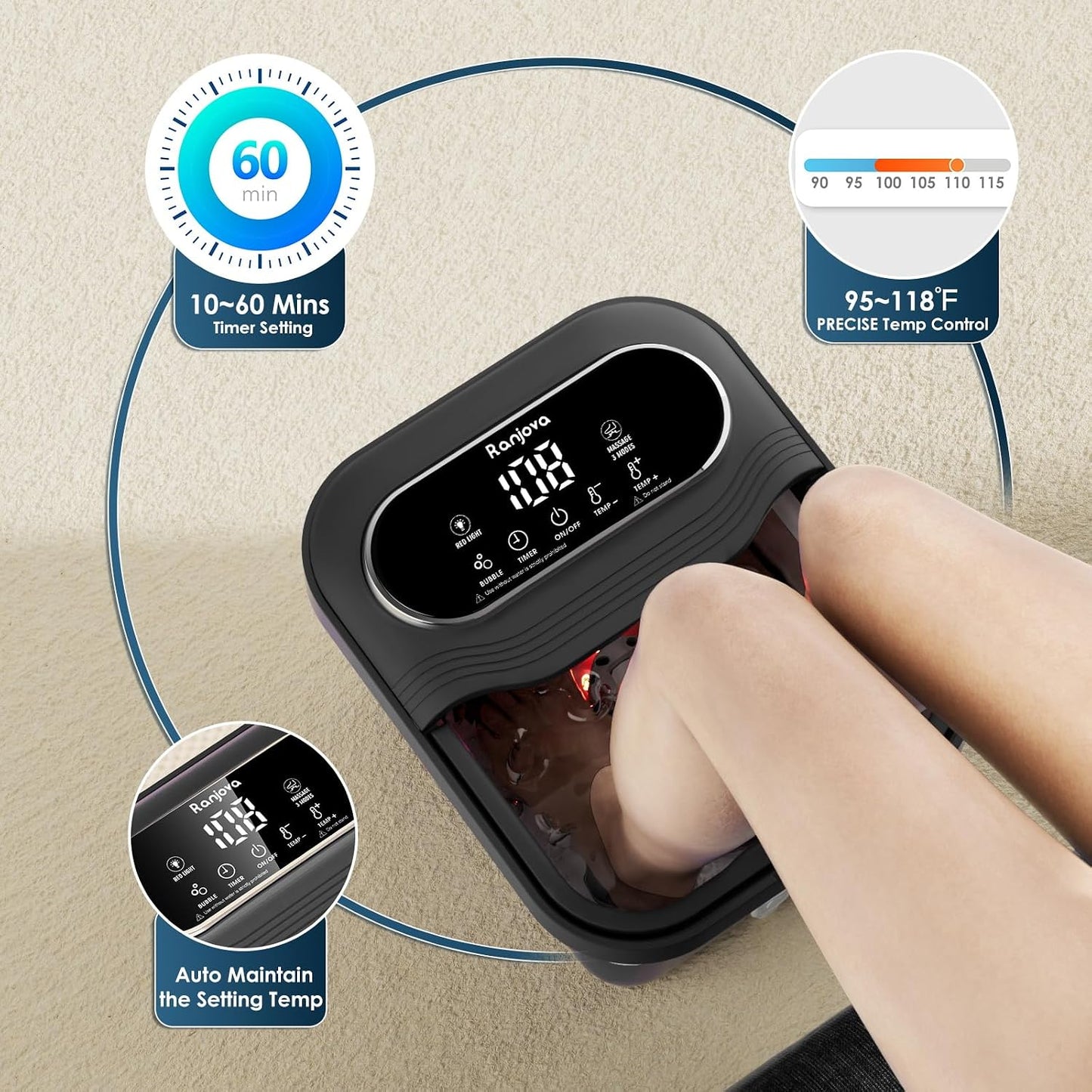 Collapsible Foot Spa Electric Rotary Massage, Foot Bath with Remote Control, Heat, Bubble, Temp Control, and 24 Motorized Shiatsu Massage Balls, Pedicure Foot Spa Tub for Stress Relief (Black)
