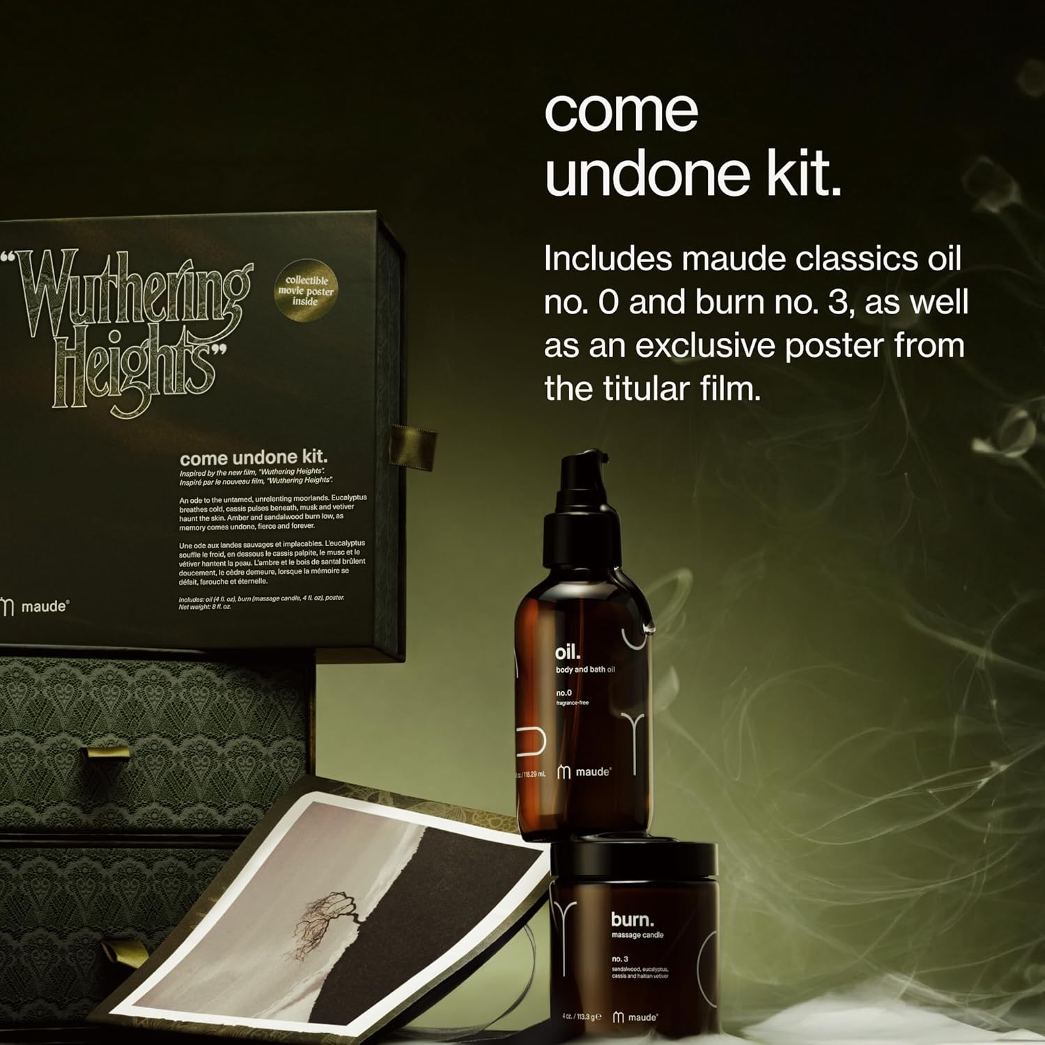 Maude x "WUTHERING HEIGHTS" Come Undone Kit - Limited Edition Two Piece Body Care Gift Set - Fragrance-Free Moisturizing Body Oil & Massage Candle Scented with Eucalyptus & Sandalwood