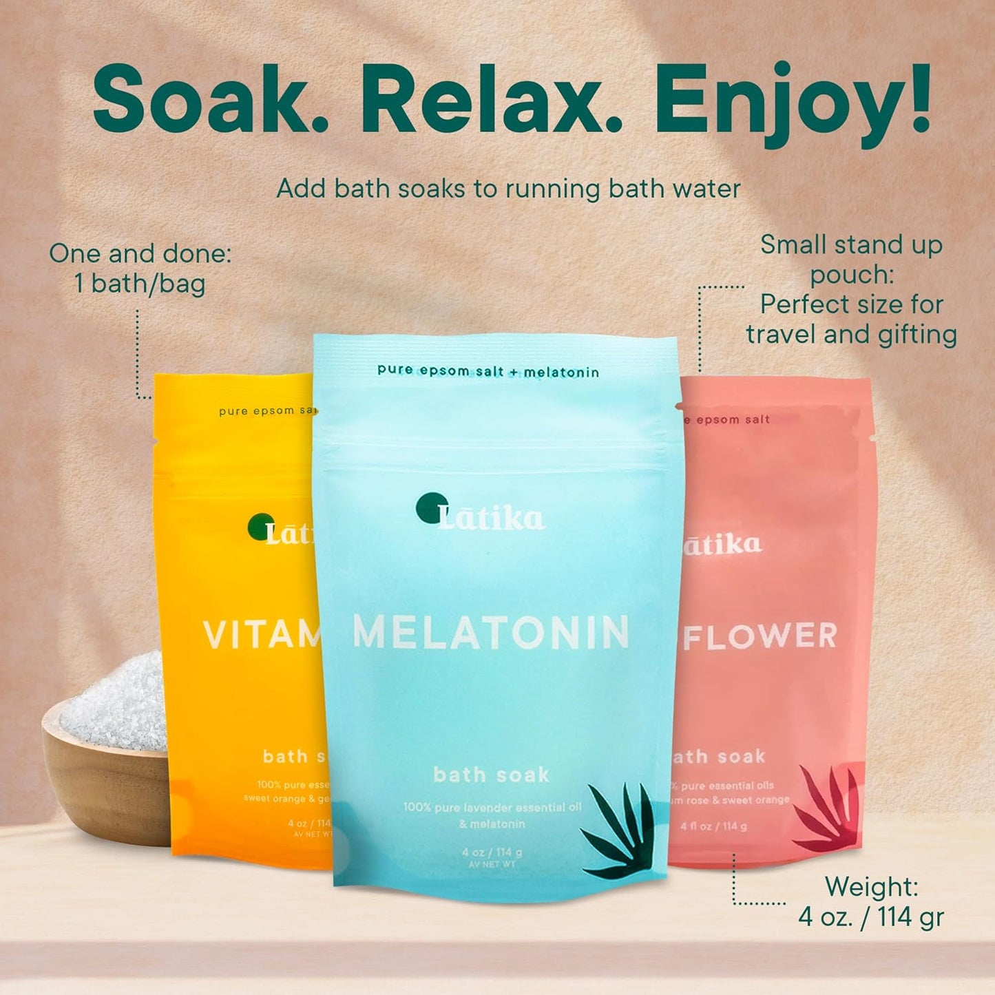 Latika Bath Soak Stress Relief Set of 3 - Wildflower, Melatonin, Vitamin C - Moisturizing Bath Soak with Epsom Salt & Essential Oils for Stress Relief, Muscle Recovery, & Relaxation - At-Home Spa