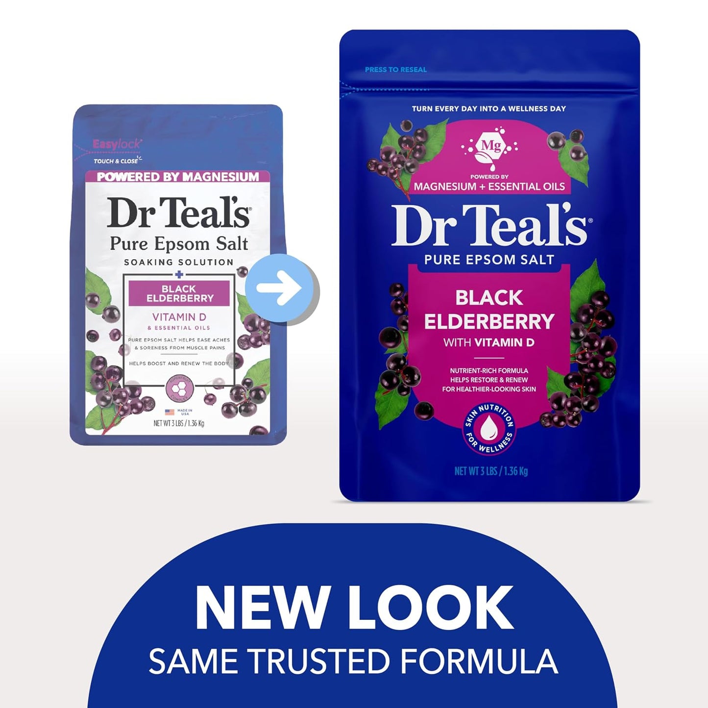 Dr Teal's Epsom Salt Magnesium Soak, Black Elderberry, 3 lbs | Vitamin D infused, Pack of 4