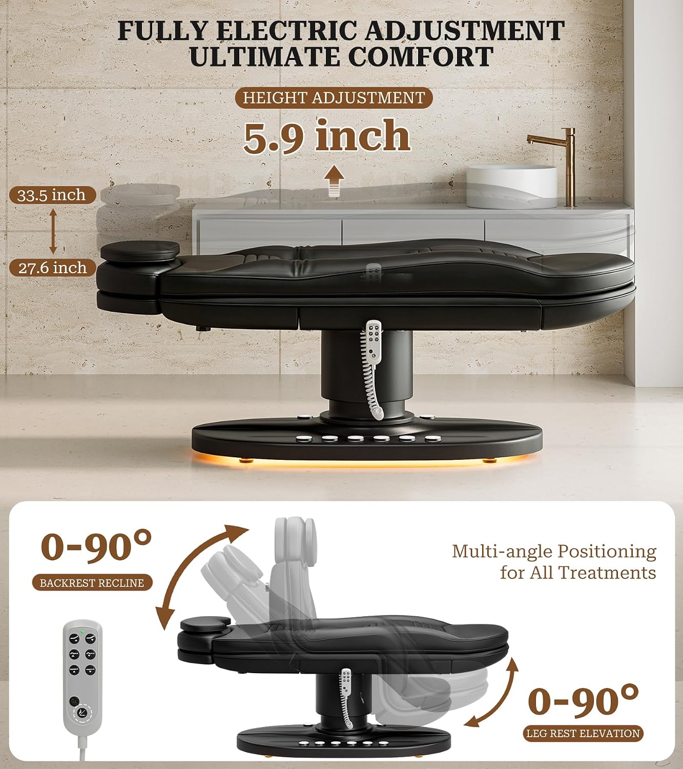 VARONXE Fully Electric Massage Table Esthetician Bed, Adjustable Spa Facial Bed Lash Chair with Light, Ergonomic Medical Exam Table for Beauty Treatment Tattooing Waxing, Black Stool