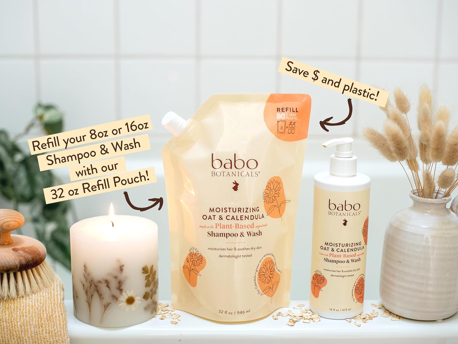 Babo Botanicals Moisturizing Oat & Calendula 2-in-1 Shampoo & Wash – Gentle Cleansing for Dry or Sensitive Skin – Safe for Baby, Toddler, Kids & Family – Lightly Scented – Vegan