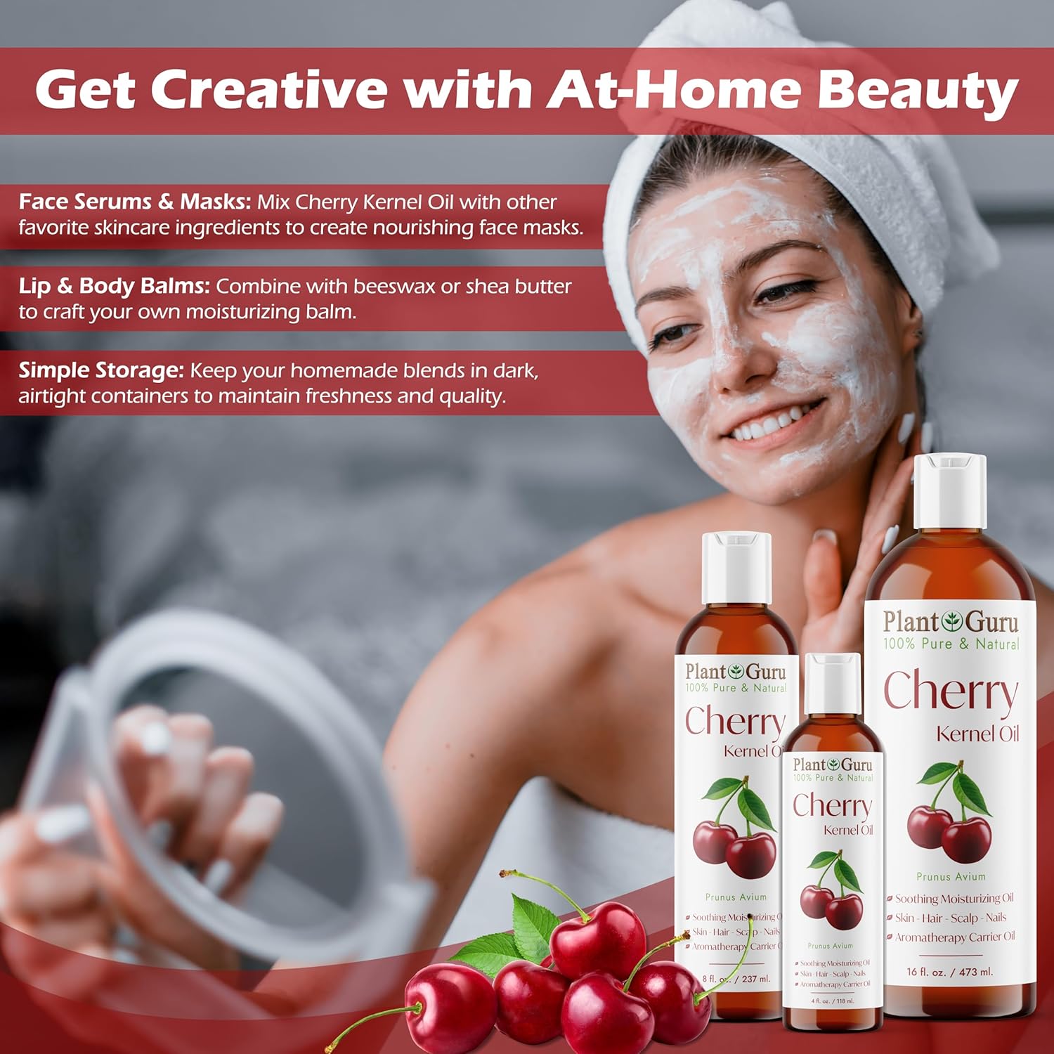 Plant Guru Cherry Kernel Oil 16 fl. oz. Cold Pressed 100% Pure & Natural Carrier – Skin, Face, Body & Hair Growth Moisturizer. Great for DIY Creams, Lotions, and Lip Balms.