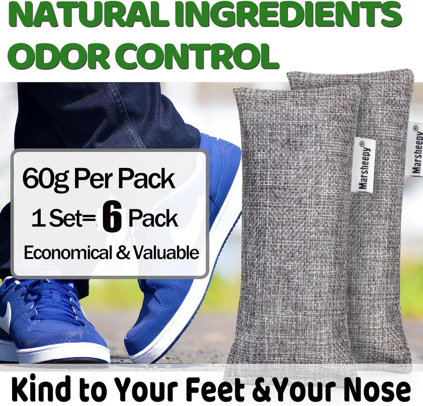 Marsheepy 6 Pack Activated Charcoal Odor Absorber Bags, Shoe Deodorizer insert and Shoe Odor Remover, 100% Natural Shoes Smell Remover，Shoe Odor Eliminatorr (60g X 6 PACK)