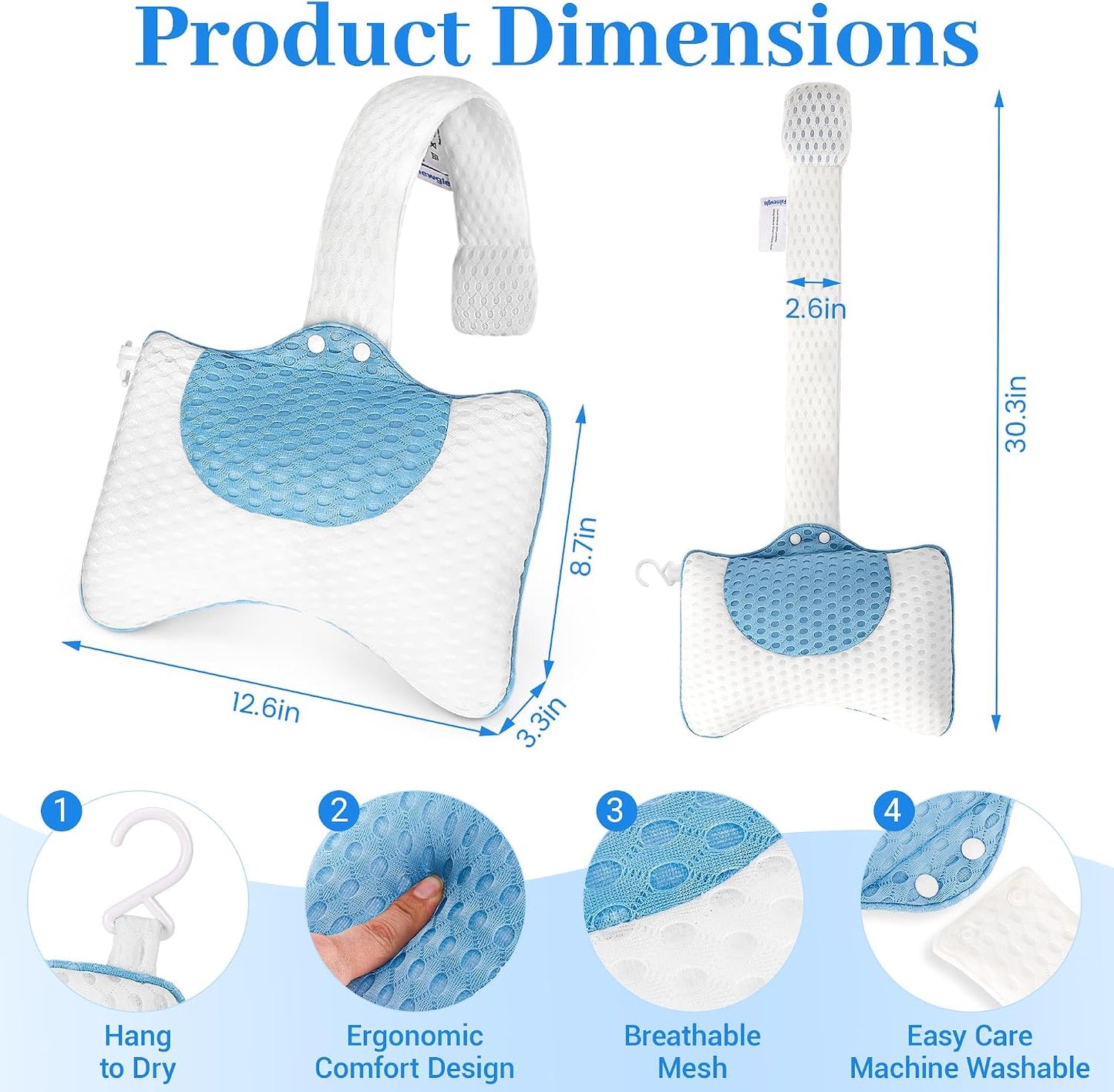 3D Mesh Hot Tub Pillow Headrest Cushion, Adjustable Height with Long Strap & Hook, Quick-Dry Ergonomic Neck Support Pillow, Universal Fit for Spa Bathtub, Chaise Lounge (2-Pack(White&Blue)