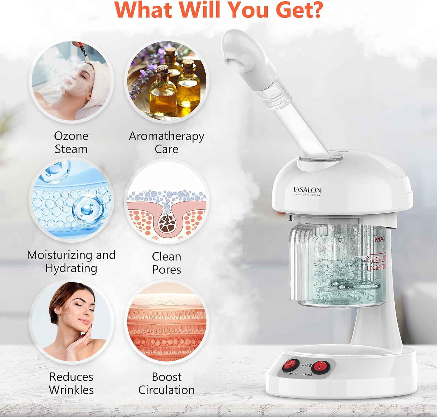 Facial Steamer - TASALON Ozone Face Steamer for Facial, Portable Facial Steamer with Removable Water Tank, Nano Ionic Facial Steamer for Home Salon Spa or Personal Care, White