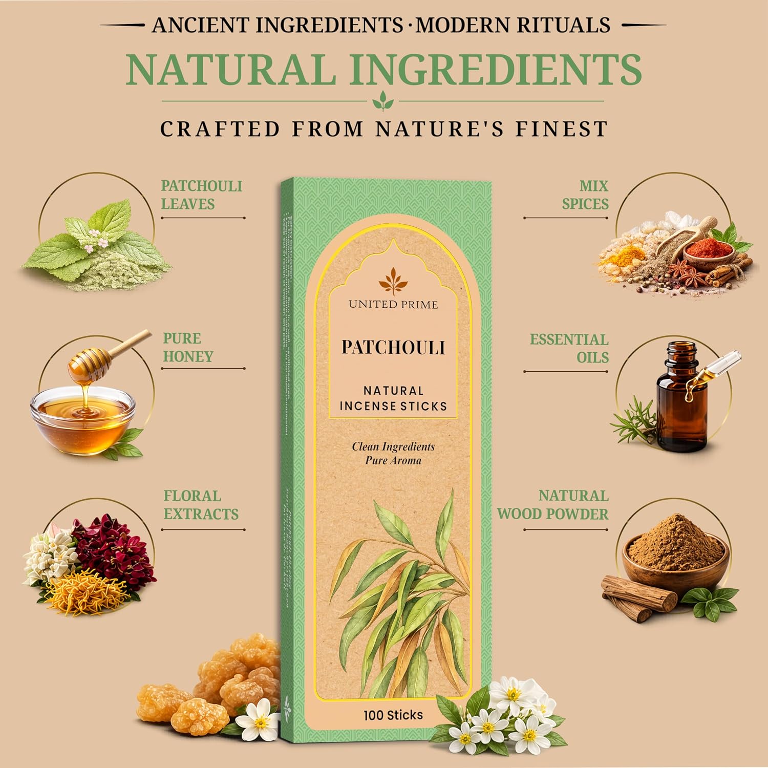 Natural Patchouli Incense Sticks, 100 Sticks, Organic Insence Non Toxic, No Charcoal Clean Burning Inscent, Handmade from Upcycled Flowers, Positive Vibes Incense Calming Aroma