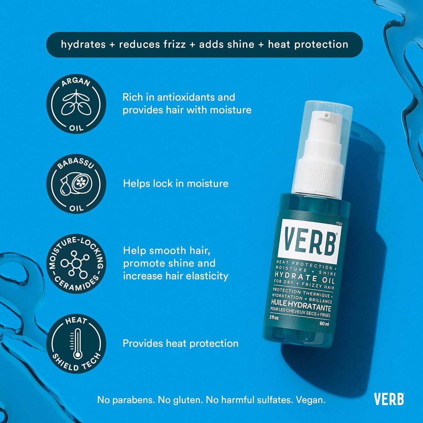 VERB Hydrate Oil - Add Moisture -Increases Shine - Smooth Frizz - Heat Protection for Dry + Frizzy Hair - Amber + Warm Jasmine Scent