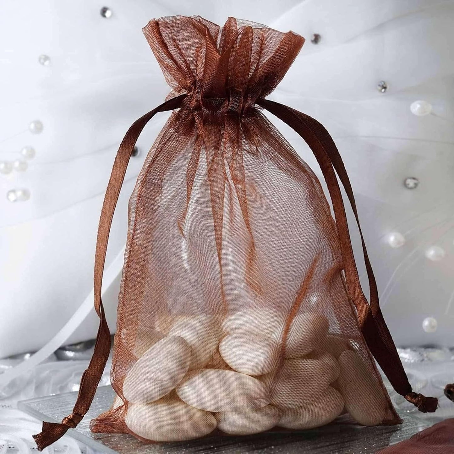 50 Pcs Gift Organza Bags Drawstring 5x7 inch Brown for Jewelry,Candy,Dried Lavender Flowers Sheer Fabric Clear Mesh Carry Sachets for Baby Shower,Christmas,Party Favors,Birthday,Wedding,Bridal Shower