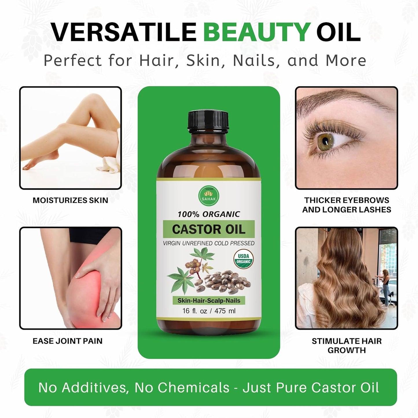 Extra Virgin USDA 100% Organic Castor Oil for Hair, Brows, Lashes & Skin – Cold-Pressed, Hexane-Free, Mess-Free Pump in 16oz Glass Bottle