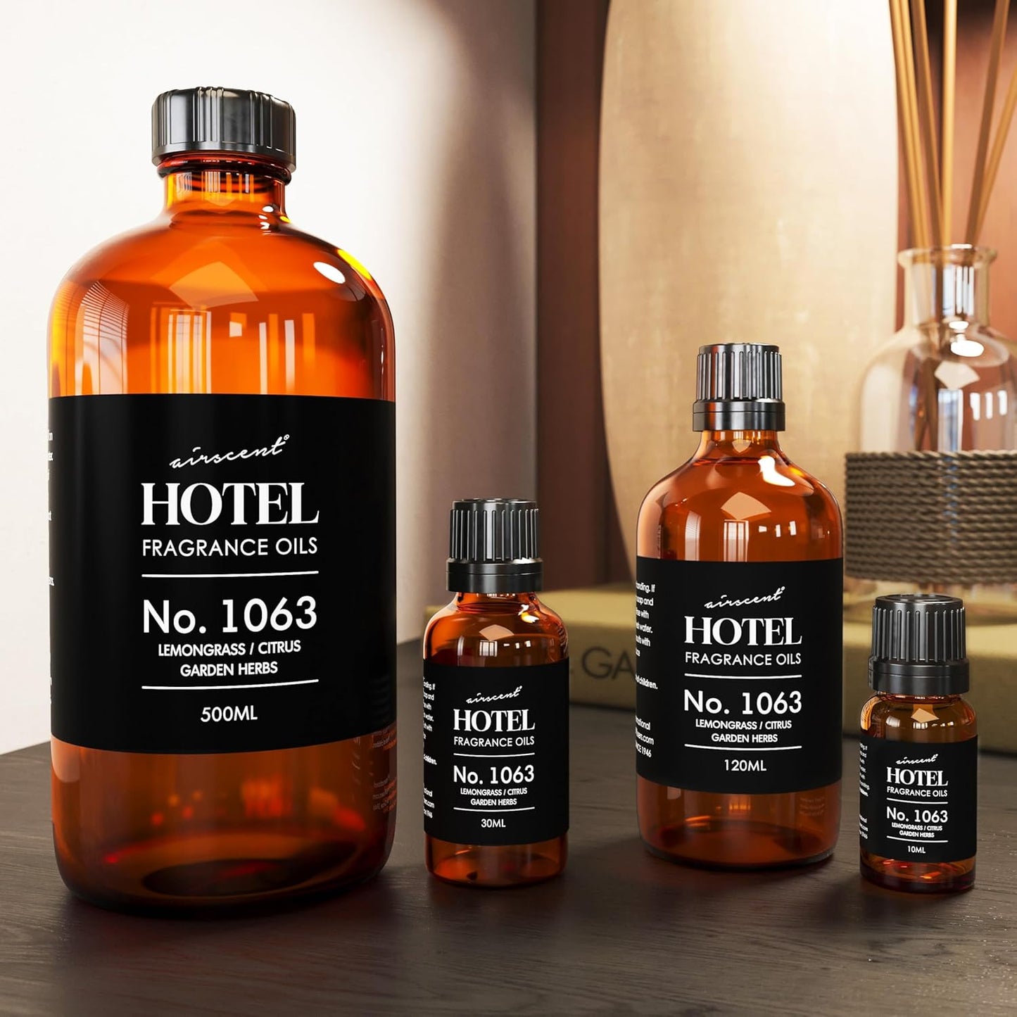 AirScent Hotel Diffuser Oil No. 1063 - Lemongrass Citrus Garden Herbs - Premium Fragrance Oil for Ultrasonic and Waterless Diffusers and Crafting - 10 mL, 0.34 fl oz Glass Dropper Bottle