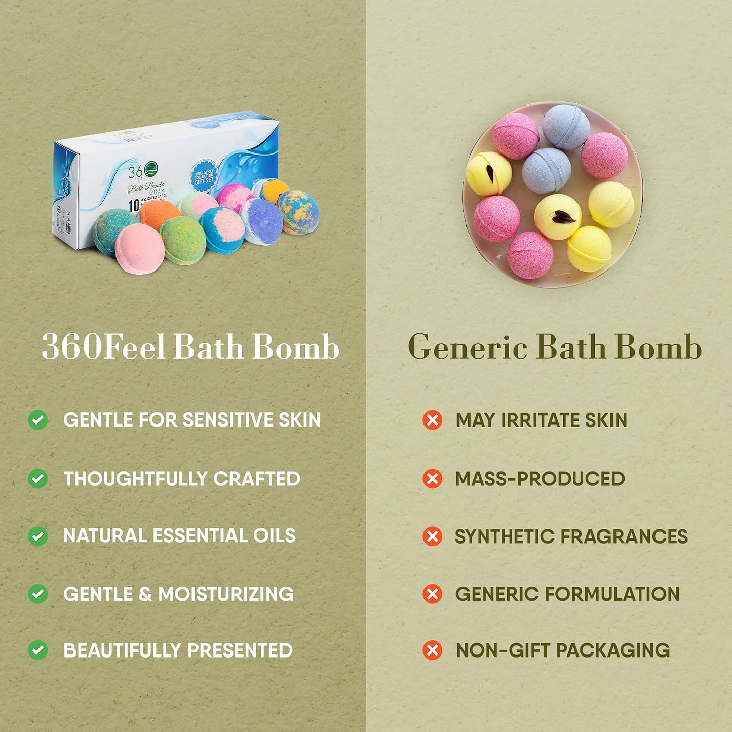 360Feel Bath Bombs Gift Set - Handcrafted Moisturizing Bath Bombs for Women Infused with Essential Oils - an Ideal Gift for Any Occasion - Non-Staining and Glitter Free Fizz - Large - Set of 10