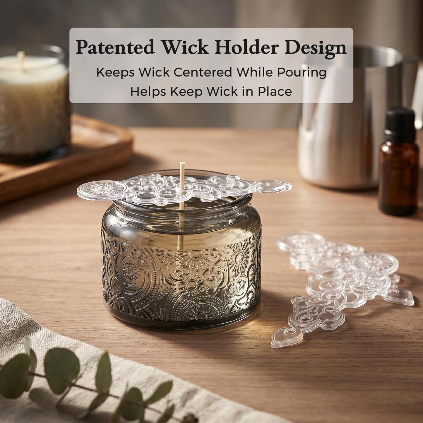 4 oz Gray Sun Moon Stars Candle Jars with Bamboo Lids, 18 Pack | Patented Embossed Design, Includes Wick Centering Devices & Warning Labels, Multiple Color Options