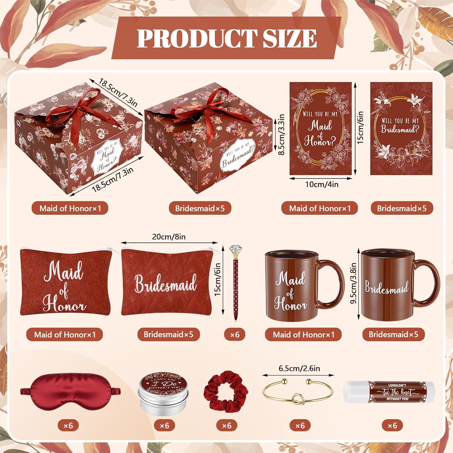 SiliFine 60 Pcs Bridesmaid Proposal Gifts Maid of Honor Gifts with Box Mug Makeup Bag Candle Lip Balm Scrunchies Pen Bracelet Eye Mask Card for Bridal Shower Bachelorette Party Wedding(Terracotta)