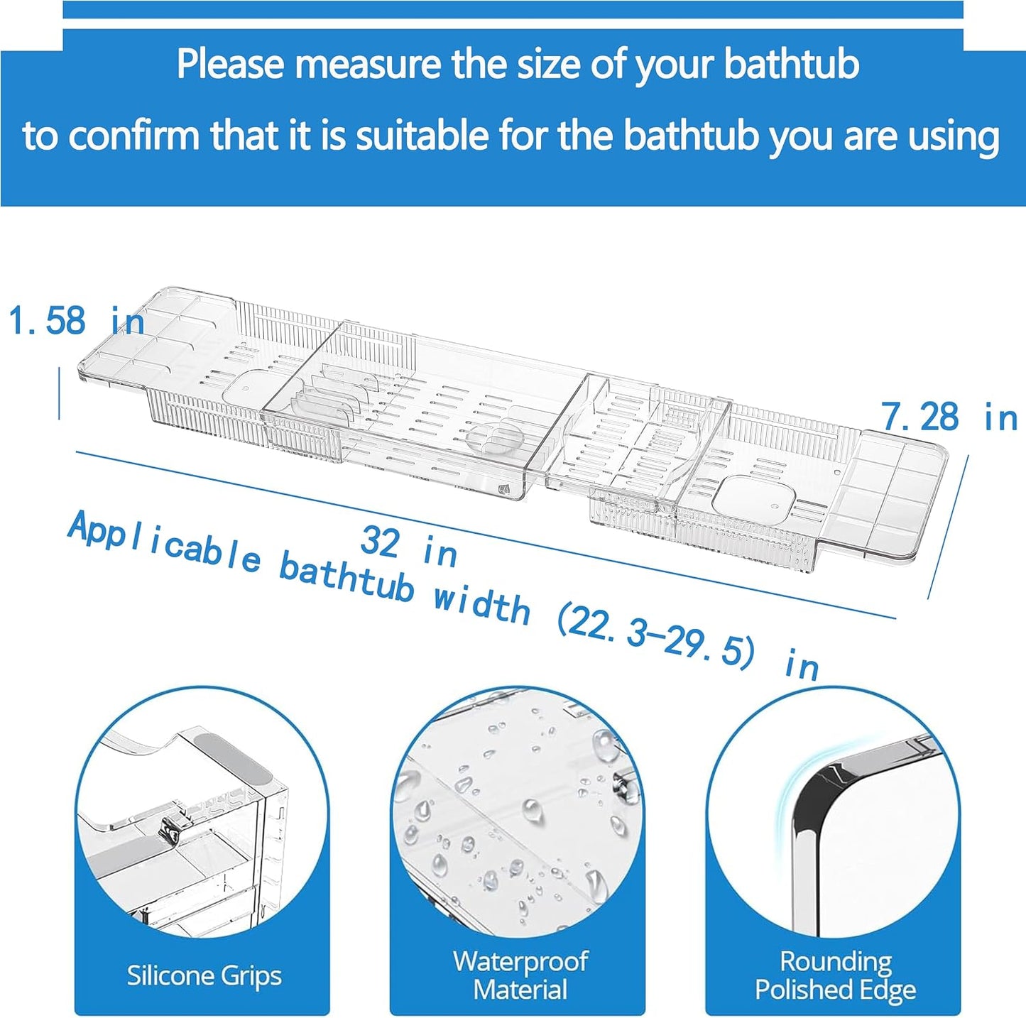 Expandable Bathtub Tray,Clear Plastic Anti-Slip Bath Tub Shelf Caddy Tray,Luxury Bathtub & Bathroom Accessories for Relaxing Spa,Suitable for bathtubs with an Internal Width of up to 29.5 inch