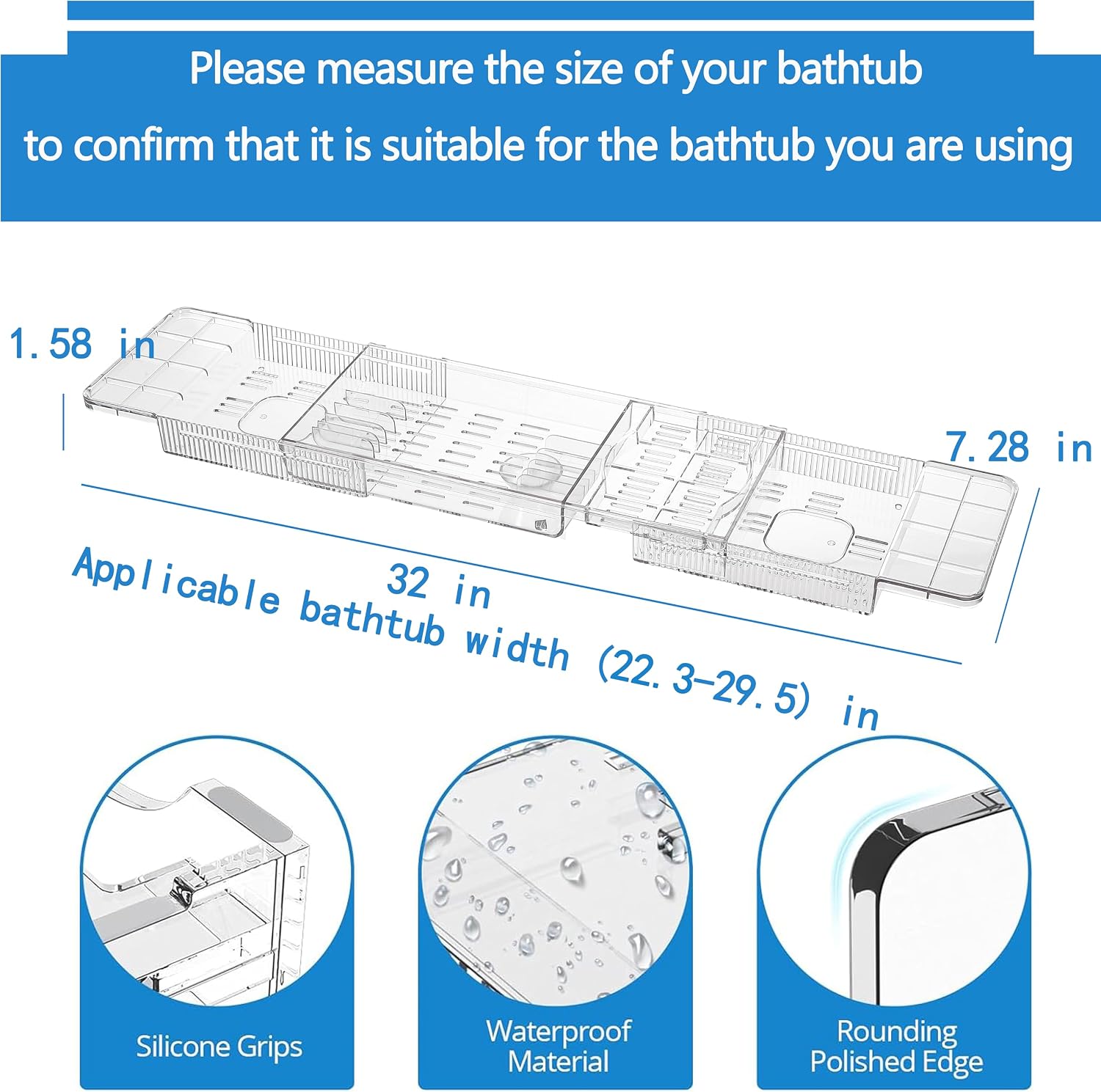 Expandable Bathtub Tray,Clear Plastic Anti-Slip Bath Tub Shelf Caddy Tray,Luxury Bathtub & Bathroom Accessories for Relaxing Spa,Suitable for bathtubs with an Internal Width of up to 29.5 inch