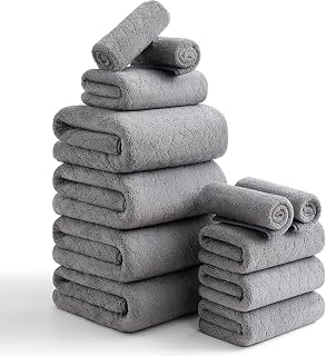 Luxury Bath Towels Set - 12 Piece (4 Bath Towels,4 Hand Towels,4 Washcloths), 100% Microfiber,Extra Absorbent Super Soft & Quick Dry,Complete Family Pack for Bathroom Gym Pool,Grey