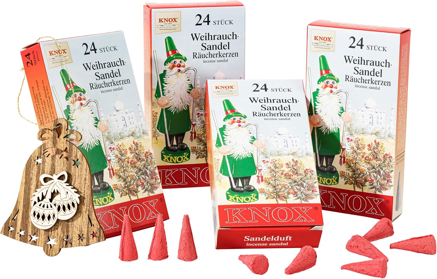 MaMeMi German Incense Cones Sandalwood – Knox 4 Packs (96 Cones) for Smoker Houses & Figurines | Warm, Woody Aroma | Gift Set with Wooden Ornament | Traditional Erzgebirge