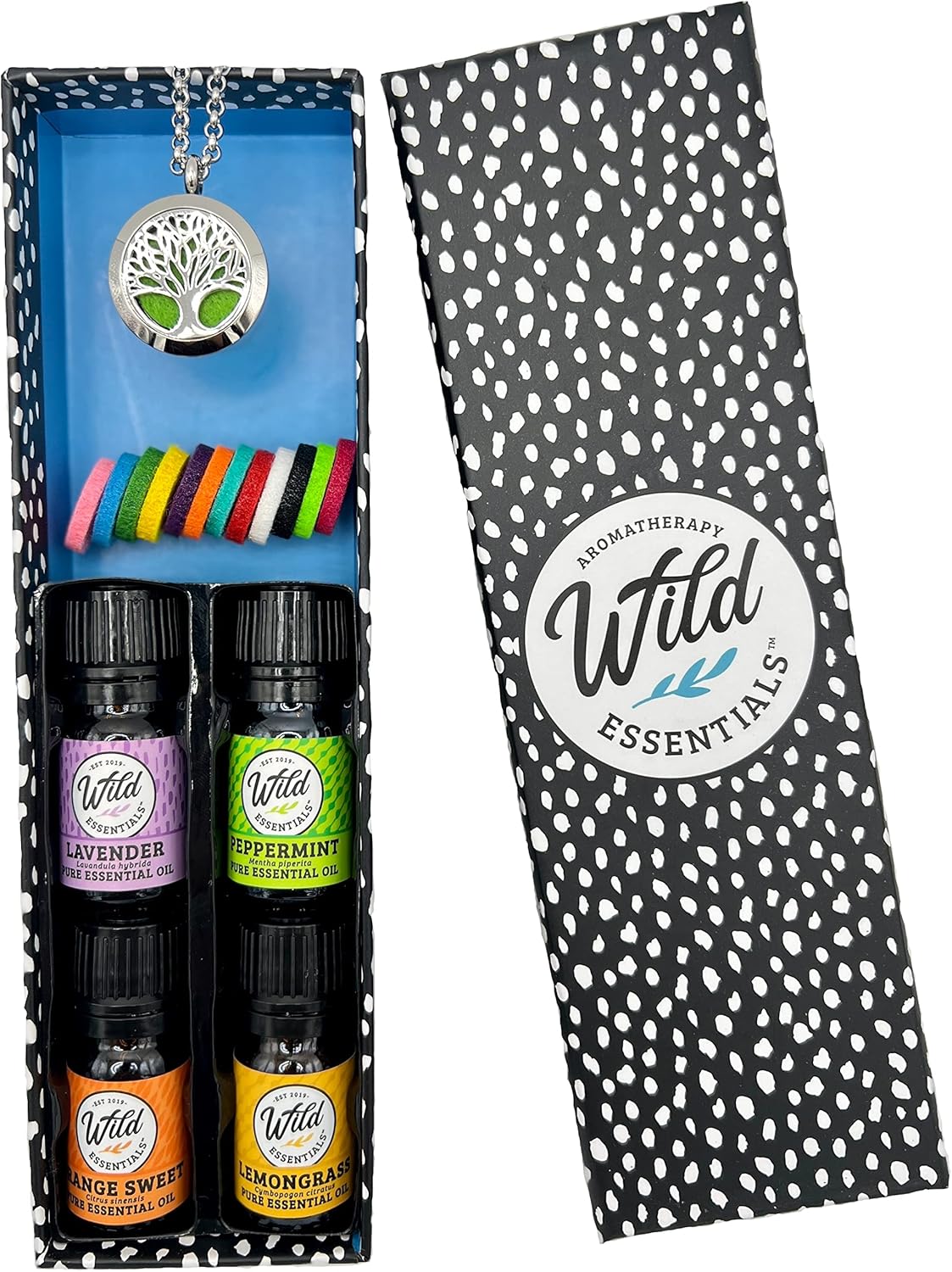 Wild Essentials Tree of Life Necklace Essential Oil Diffuser Kit With Lavender, Lemongrass, Peppermint, Orange Oils, 12 Refill Pads, Calming Aromatherapy Gift Set, Customizable Color Changing, Perfume