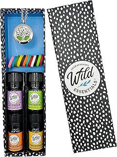 Wild Essentials Tree of Life Necklace Essential Oil Diffuser Kit With Lavender, Lemongrass, Peppermint, Orange Oils, 12 Refill Pads, Calming Aromatherapy Gift Set, Customizable Color Changing, Perfume