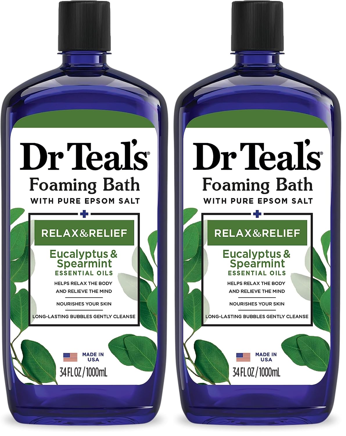 Dr Teal's Foaming Bath with Pure Epsom Salt, Relax & Relief with Eucalyptus & Spearmint, 34 fl oz (Packaging May Vary) (Pack of 2)