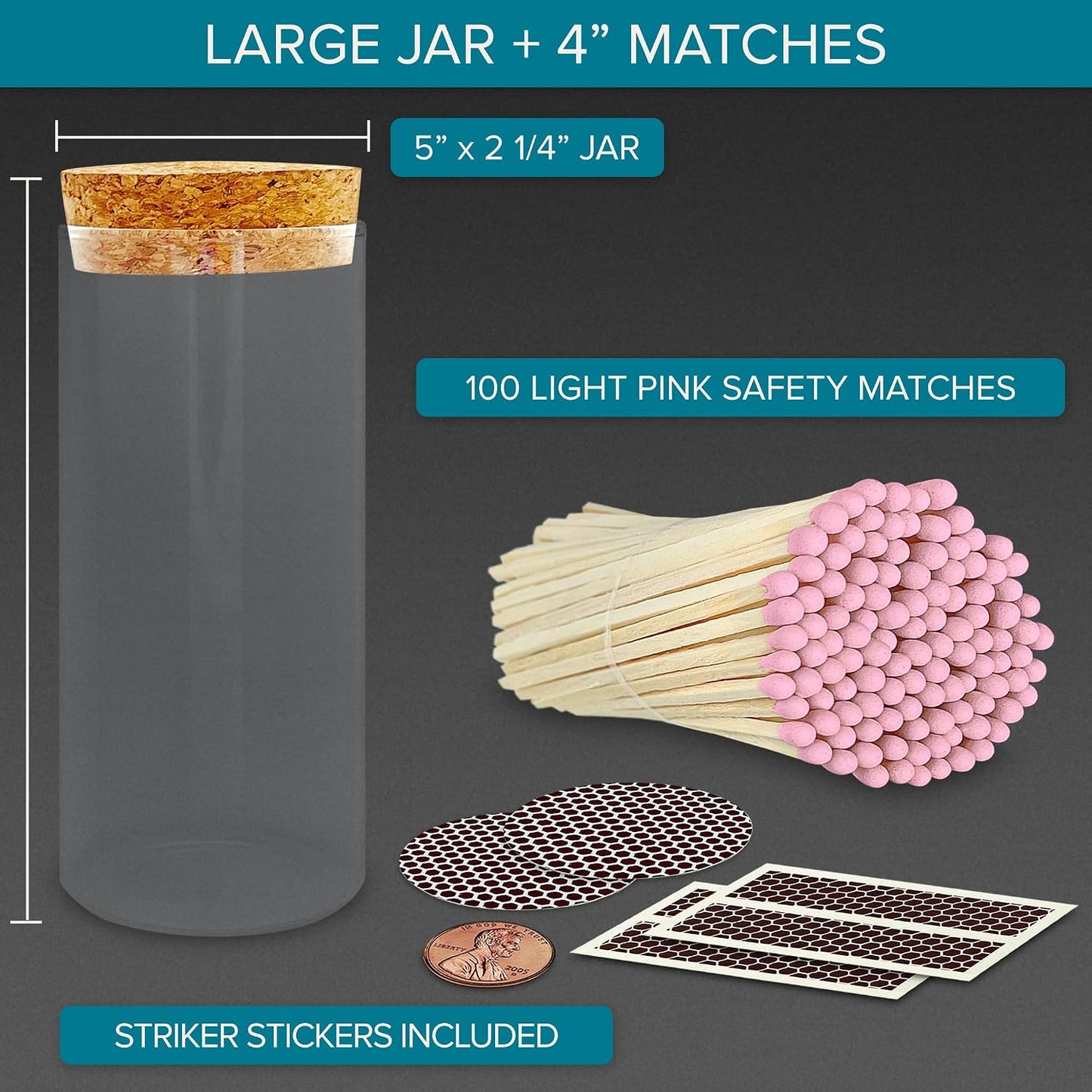Decorative Matches in a Glass Jar | 4" Light Pink Long Matches (100 Match Sticks) + Cork Top Glass Holder + Striker Stickers | Gifts, Décor, & Candle Accessories | by Thankful Greetings, USA