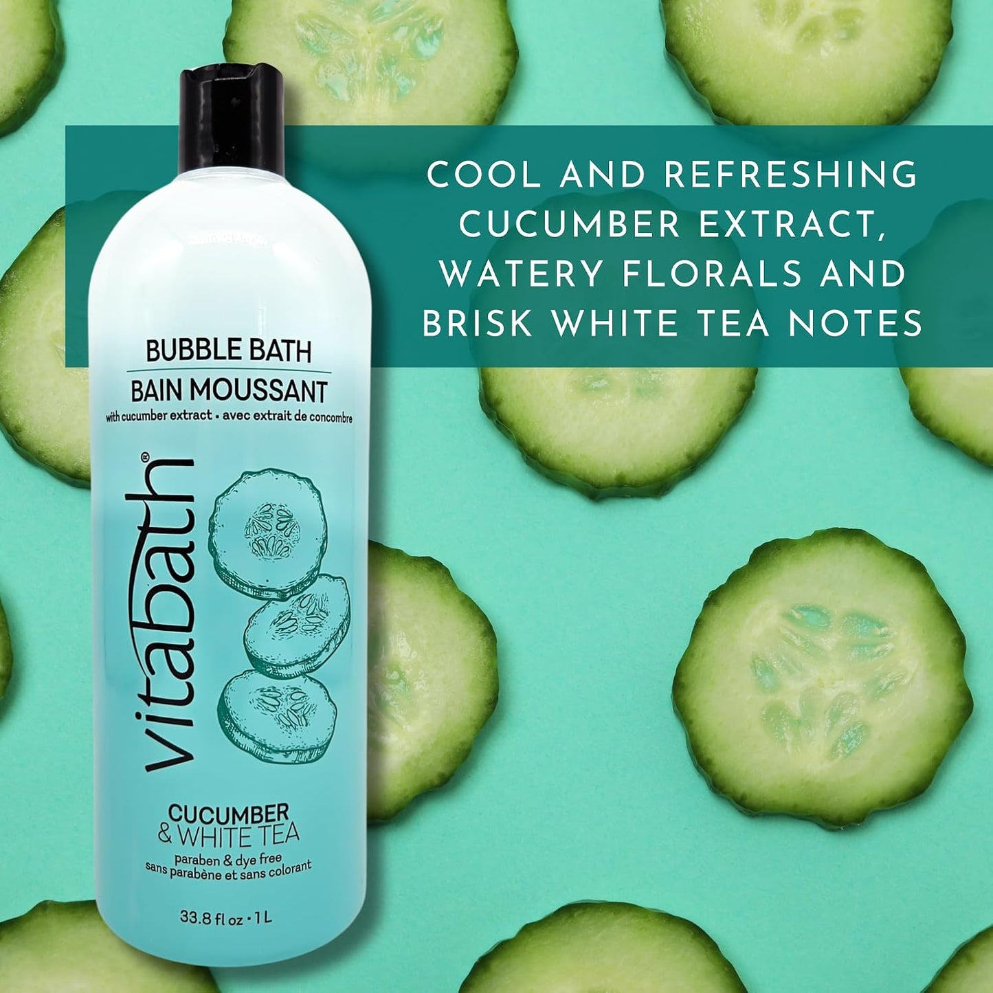 Vitabath Cucumber & White Tea Bubble Bath Rich Foaming Bubbly Soak & Relaxing Aromatherapy Moisturizing & Nourishing Indulgent Suds for Women & Men All Skin Types - 33.8 fl oz