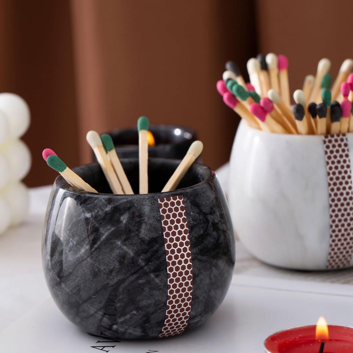 Decorative Marble Match Holder - Matches Box for Long Matches Sticks- Matches in a Jar with Striker（Wooden Matches Not Included）