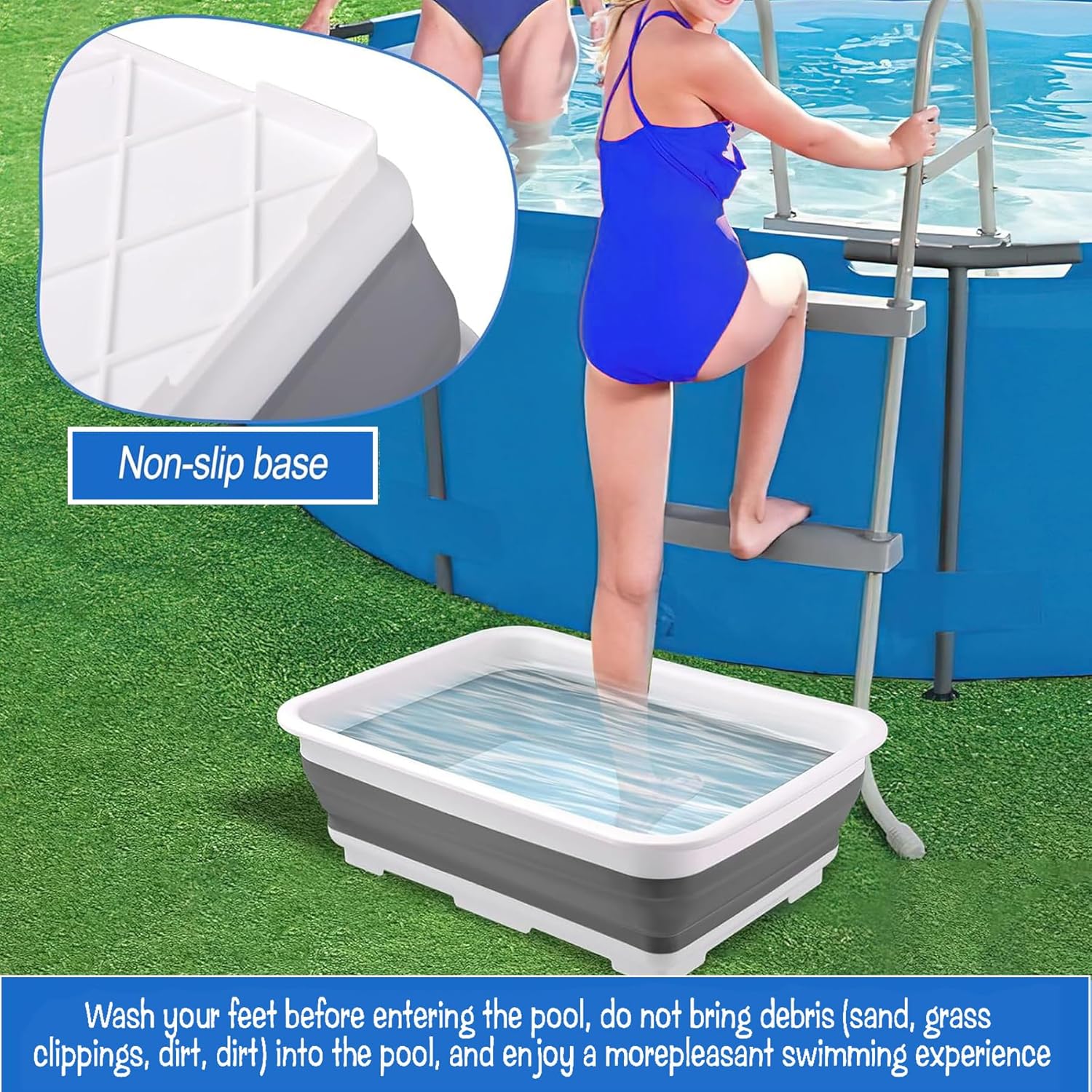 Pool Foot Bath Tray for Swimming Pool, Non- Slip Collapsible Foot Bath for Pool, Portable Foot Tub for Pool for Above Ground Pool Accessories, Rinse Feet Keep Pool Clean (Grey + White)
