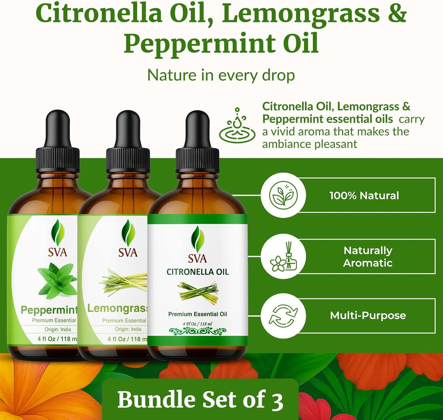 SVA Citronella, Lemongrass, and Peppermint Essential Oil 4 oz Bundle Super Saver Combo – Premium Grade Value Set for Hair Oiling, Scalp Massage, Hair Care, Skin Care and Body Massage