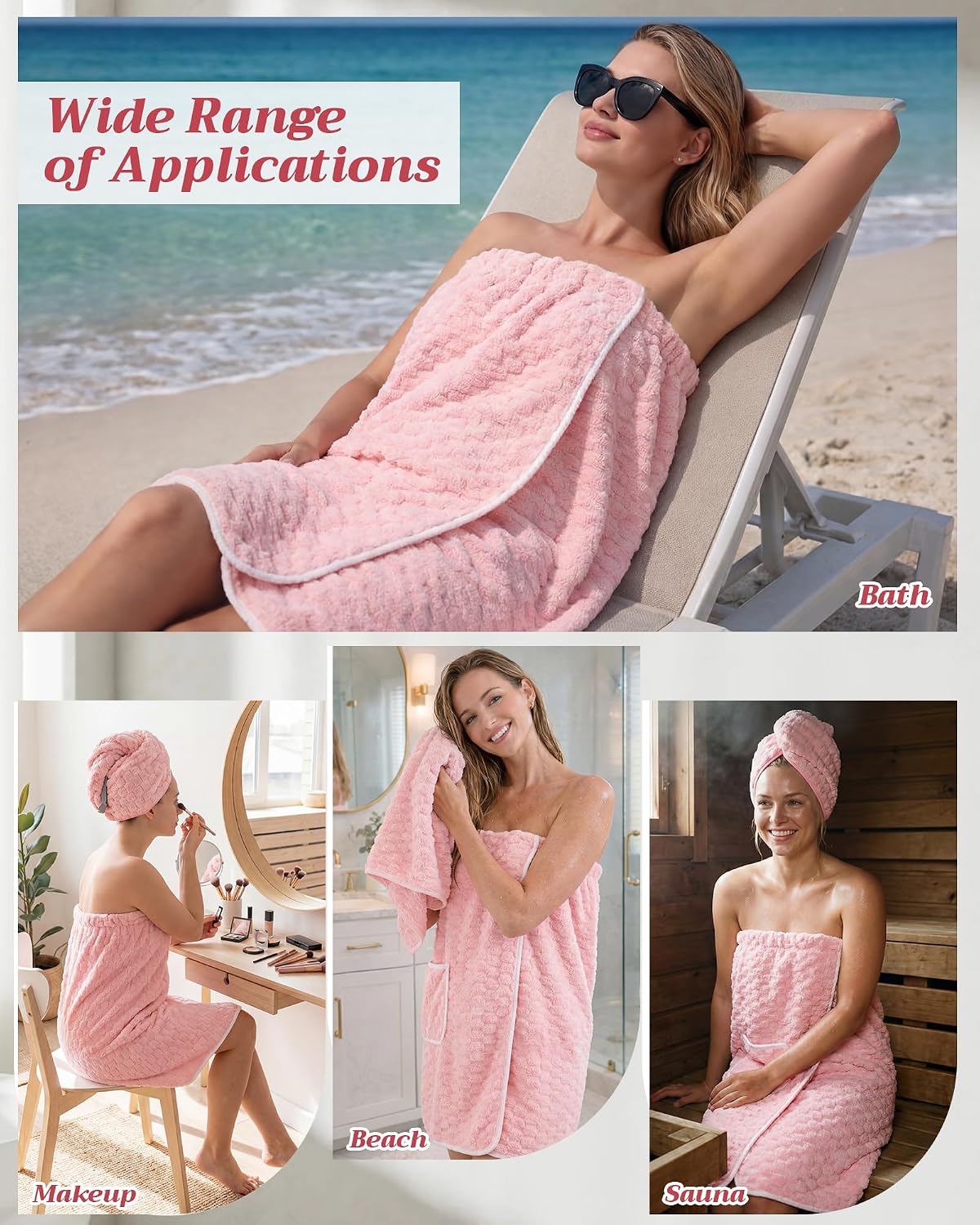 Gilprop Women's Towel Wrap with Large Hair Towel, Adjustable Button Closure Spa Shower Robe, Quick Dry Absorbent Microfiber Bathrobe, Pink Body and Hair Wraps Set for Home Hotel Pool Travel Beach