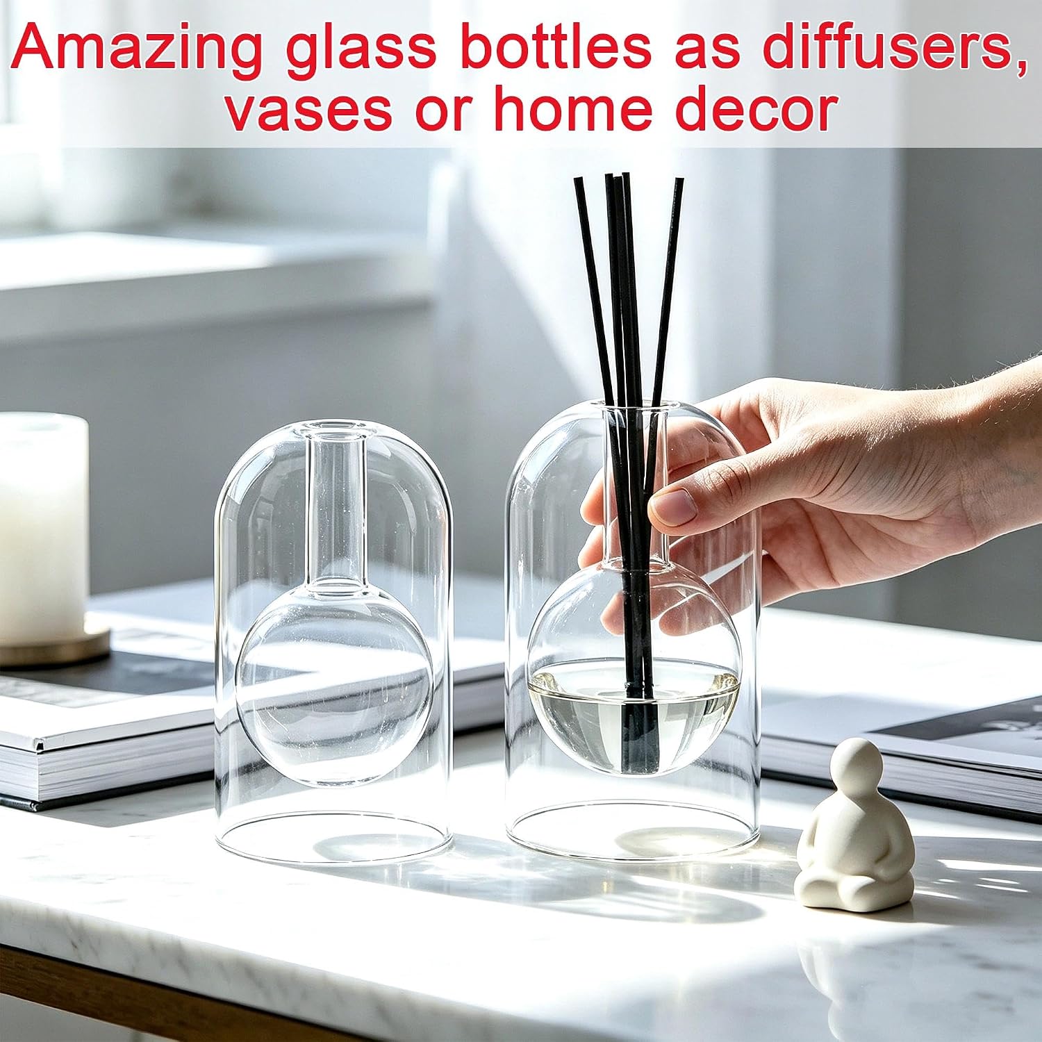 Empty Glass Reed Diffuser Bottles 2pcs Essential Oil Diffuser Jar 7oz/220ml Clear Double Wall Cylindrical Aromatherapy Container with Inner Round Chamber Modern Decorative Vase for Home Office Decor